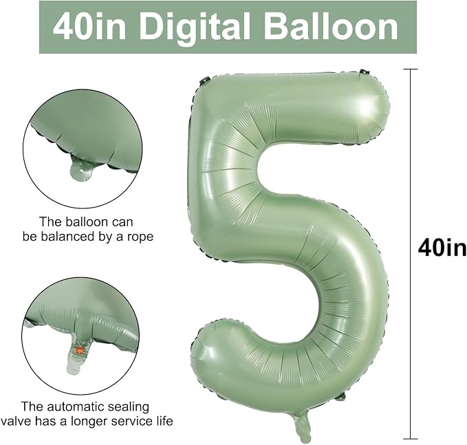 TONIFUL 40 Inch Sage Green Large Number 5 Balloon - Image 2