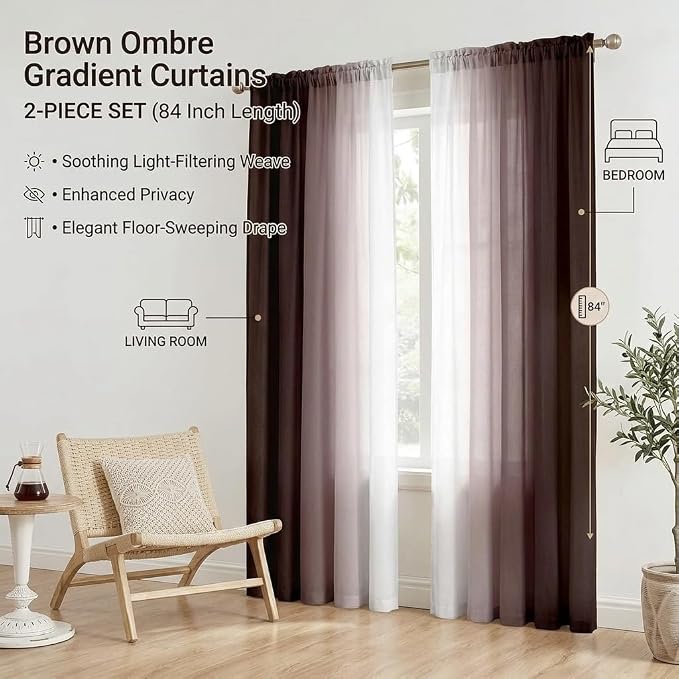 Brown Curtains for Living Room 84 Inch Length Brown White Ombre Curtains 2 - Image 5