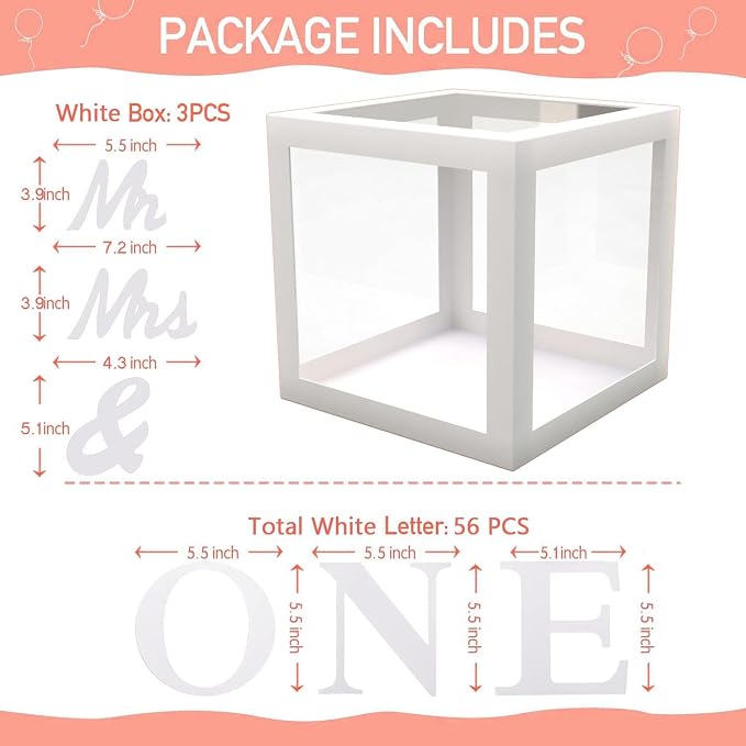keonsatrz Transparent Wedding Balloon Boxes 3PCS Custom Name White Mr and Mrs - Image 4