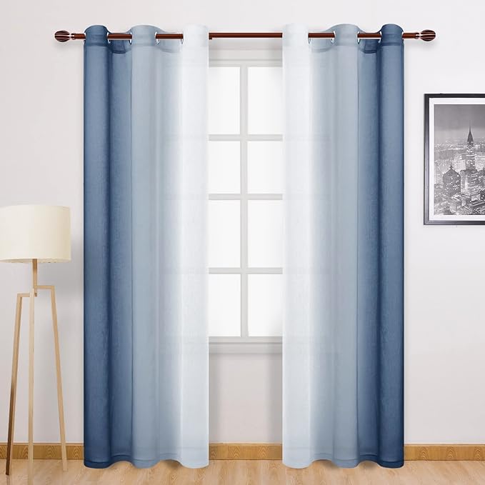DWCN Blue Faux Linen Ombre Sheer Curtains by DWCN