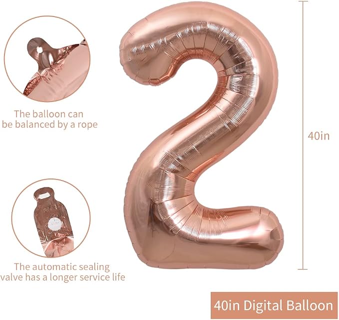 TONIFUL 40 Inch Rose Gold Large Numbers Balloons 0-9, Number 2 Digital 2 Helium - Image 2