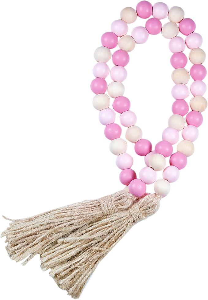 Pink Wood Bead Garland, 39 Inch Long Boho Tassel Garland by TACOLO