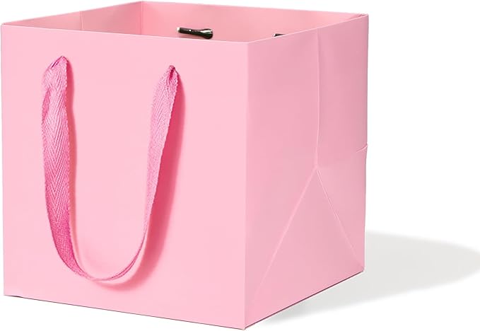 Pink Paper Gift Bag 10 in Paper Gift Box Large Square Bottom Kraft Paper Bags with Handles for Wedding Baby Shower Birthday Party (Pink, 10 x 10 x 10 in, 10 CT)