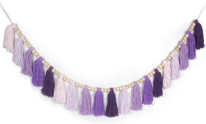 Purple Yarn Wood Bead Tassel Garland Wall Hanging Decor Boho Lavender Banner by WelcometoTasuwat