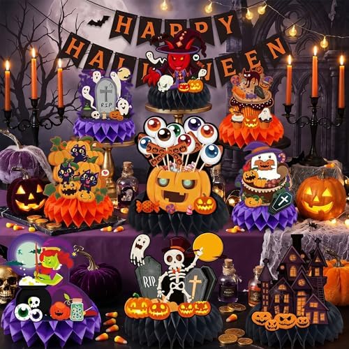 Halloween Decor - 9 PCS Pumpkin Witch Halloween Honeycomb Table Centerpiece - Image 5