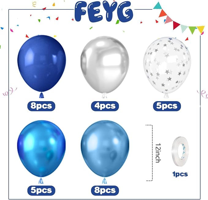 Blue Silver Balloons, 12 Inch Metallic Blue Pearl Blue Silver and Silver Star - Image 2
