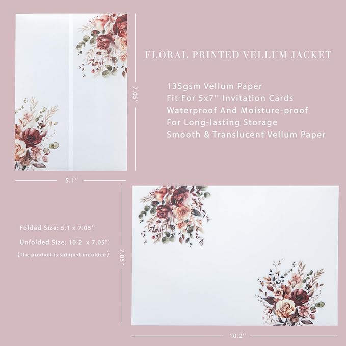 PONATIA 50PCS Vellum Jackets for 5x7 Invitation Cards- 135GSM Burnt Orange Floral Printed Vellum Sleeves, Quinceanera Wedding Invitation Cards Wraps, Transparent Christmas Gift Cards Jackets