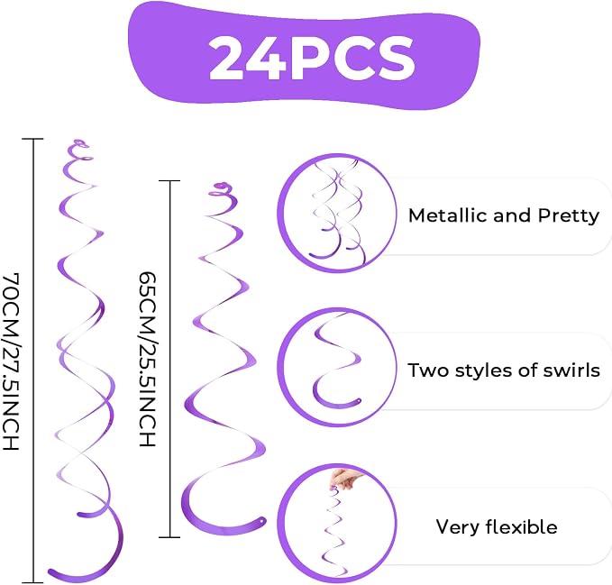 24 PCS Purple Hanging Swirl, Sparkle Ceiling Hanging Decorations, Plastic - Image 3