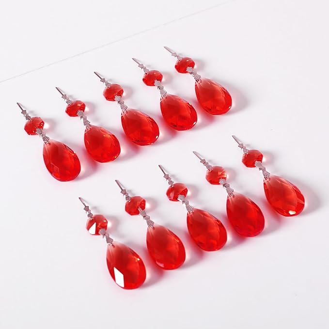 10pcs Crystal Prisms Chandelier Red Ornament Pendants Rainbow Maker 38mm Drop Prism Hanging Prisms for Wedding Party Chrismtmas Decoration DIY Jewelry
