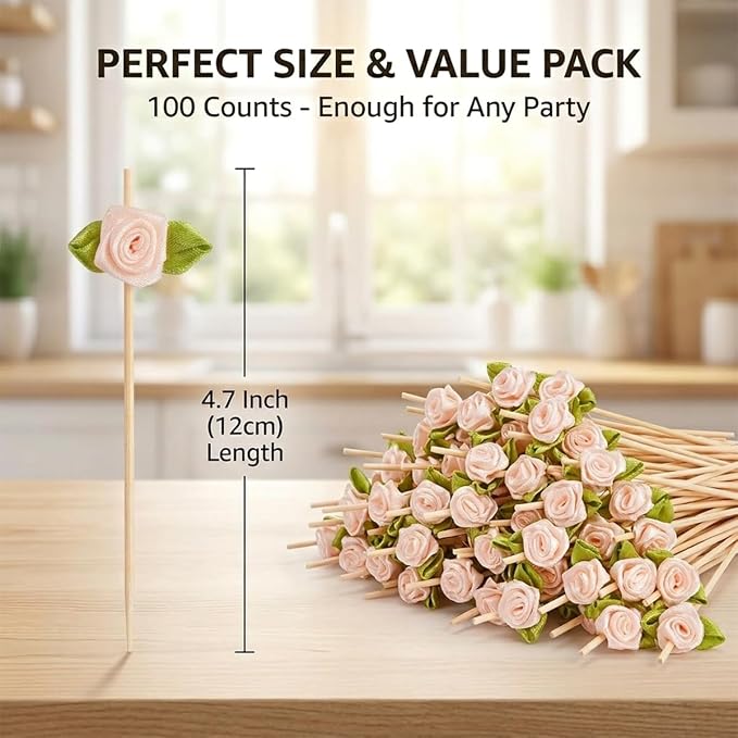 100PCS 4.7" Flower Cocktail Picks, Ribbon Rose Toothpicks Appetizer Skewers | - Image 6