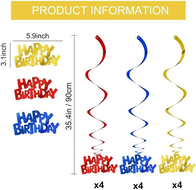 BEISHIDA 12 Pcs Happy Birthday Hanging Swirl Decorations, Pre-Strung Birthday - Image 2