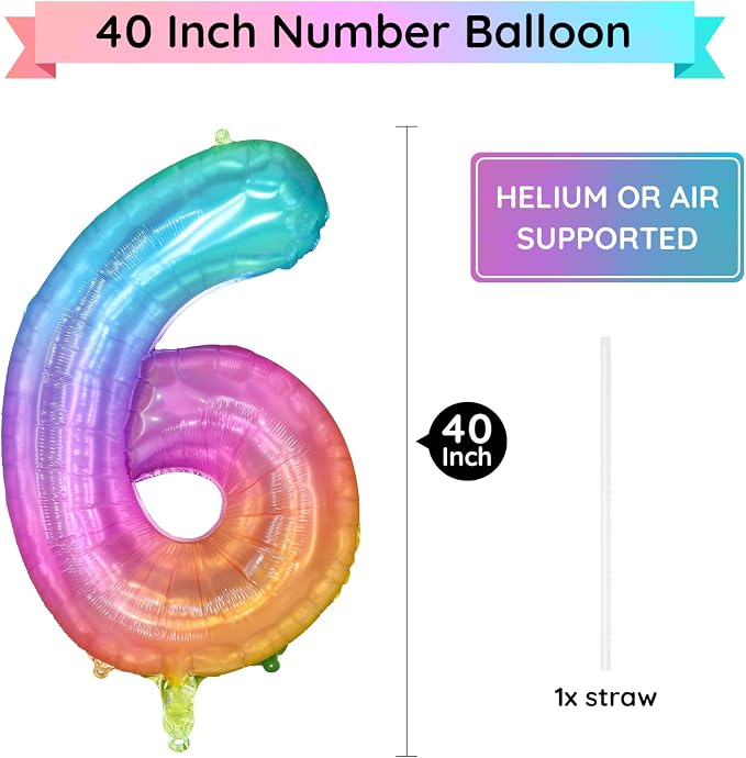 Rainbow Number 6 Balloon, 40 Inch Large Number Foil Mylar Balloons - Image 2