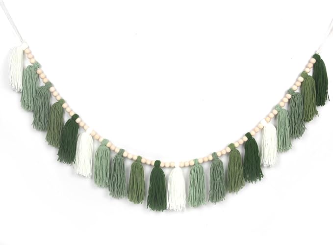 Green Boho Yarn Tassel Garland Sage Green Garland Wall Hanging Decor Forest by WelcometoTasuwat