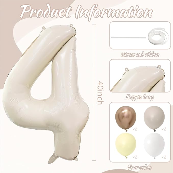Cream Number 4 Balloon 40 Inch Beige Nude Number 4 Balloon - Image 6