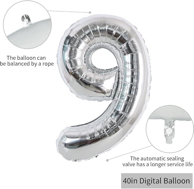 TONIFUL 40 Inch Silver Number 9 Balloon Large Foil 9th Birthday Decorations | - Image 2
