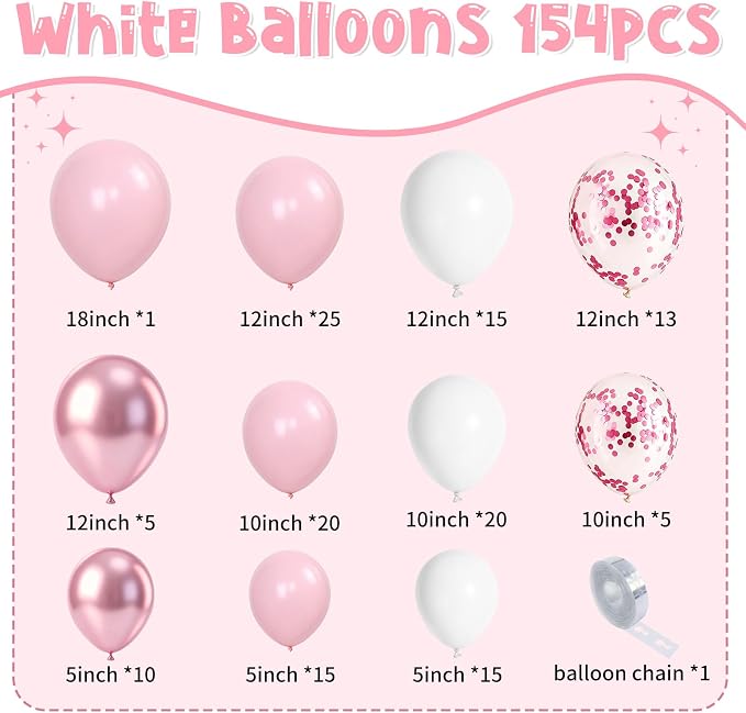 154 PCS Pink and White Balloon Arch Kit, Different Sizes - Image 3