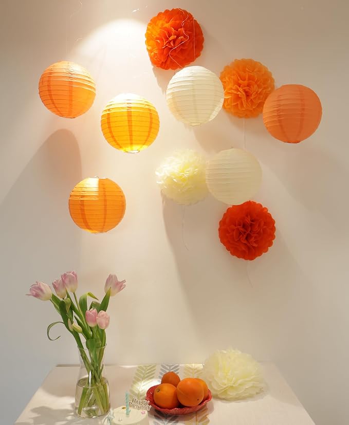 Orange Birthday Party Decorations Paper Lanterns and Pom Poms 15pcs Set | Baby - Image 6