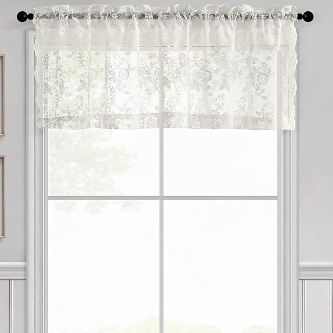 FINECITY Vintage Lace Valance for Windows, Country Rustic Floral Embroidered - Image 2