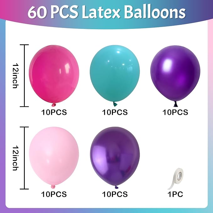Jobkoo Pink Purple Blue Balloons 60 PCS Metallic Purple Teal Hot Pink Party - Image 3