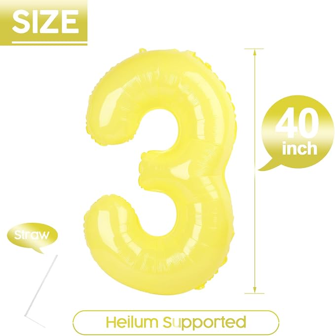 3 Balloon - Macaron Yellow Birthday Number Balloons, 40 Inch Decorations | - Image 5