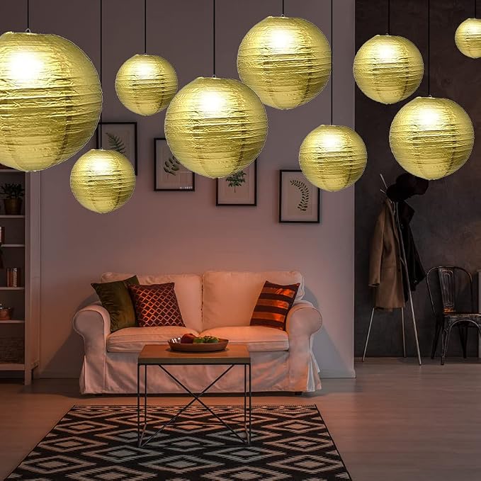 Gold Paper Lanterns 12 Pcs Assorted Size of 6" 8" 10" 12" Chinese Round Paper - Image 3
