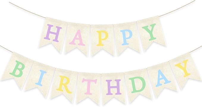 Pastel Rainbow Happy Birthday Banner Neutral Pre-strung Burlap Bunting Party by Unknown