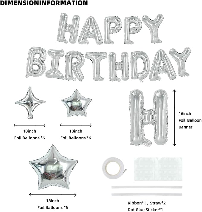 TONIFUL 35PCS Silver Happy Birthday Decorations 16 Inch Happy Birthday Balloon - Image 2