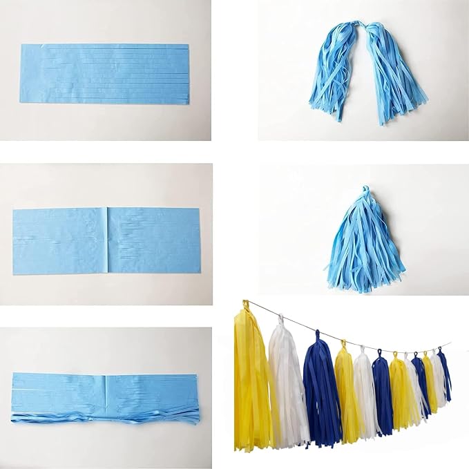 15pcs Royal Blue Yellow and White Paper Tassel Garland Banner, Tissue Paper - Image 3