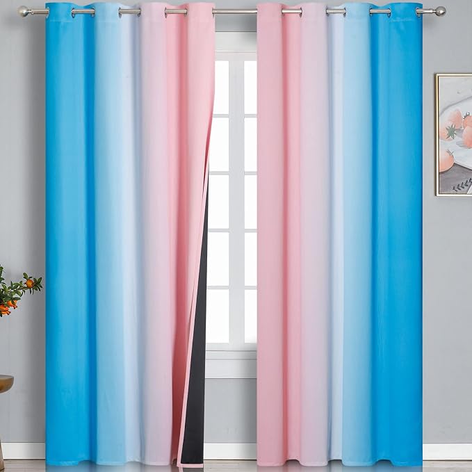 Pink and Blue Ombre Blackout Curtains 96 Inches Long, Full Room Darkening by ESTELARTEXTILER