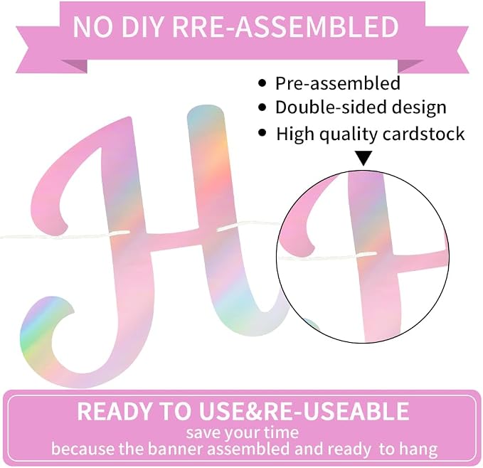 BEISHIDA Double-Sided Rainbow Pink Happy Birthday Banner - Image 2