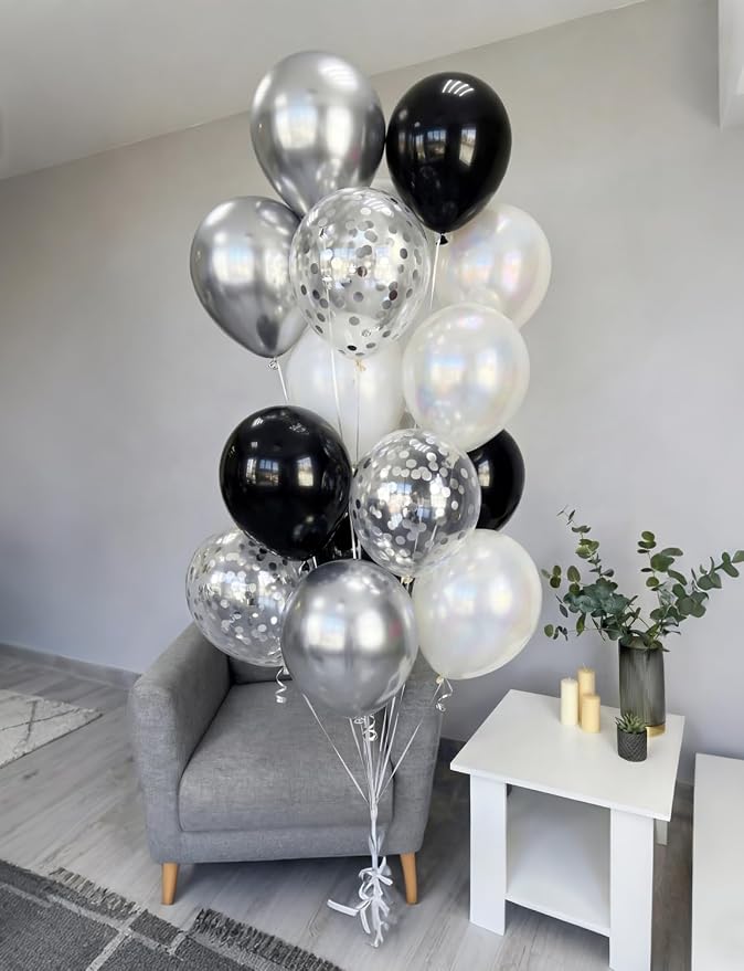 Black and Silver Balloons, Glitter Confetti Latex Balloon - Image 5