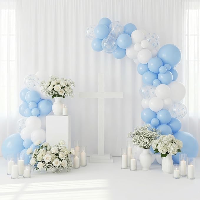HILAVO Blue Bow Balloons, 12 Inch Pastel Light Blue Transparent White Bow Print - Image 6