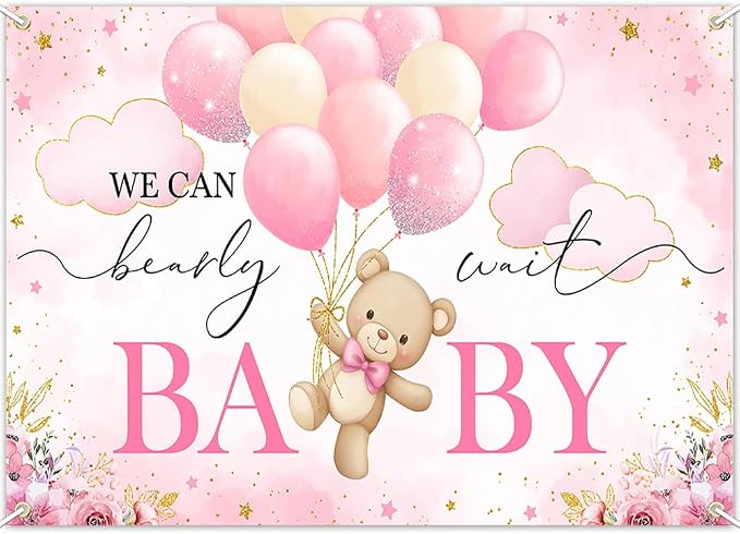 Mocsicka We Can Bearly Wait Backdrop Pink Bear Baby Shower Banner Girl Bear - Image 2