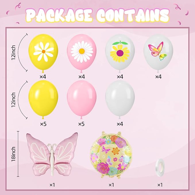 Flower Balloons, 12 Inch Pink Yellow White Daisy Printed Balloon, Butterfly - Image 2