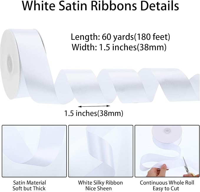 woric White Satin Ribbon 1 1/2 Inch 60 Yards Gift Ribbon | Single-sided - Image 2