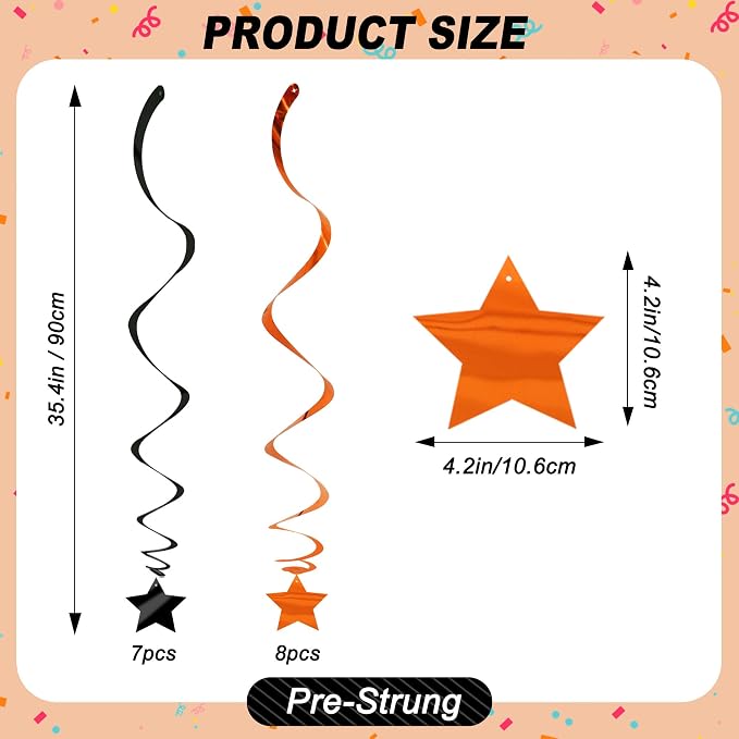 BEISHID Black Orange Stars Hanging Swirls Pre-Strung Stars Hanging Decorations - Image 2