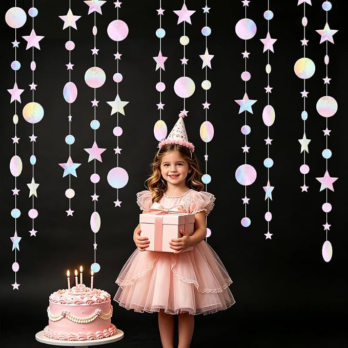 Iridescent Pink Party Decoration Iridescent Pink Star Circle Dot Hanging - Image 4