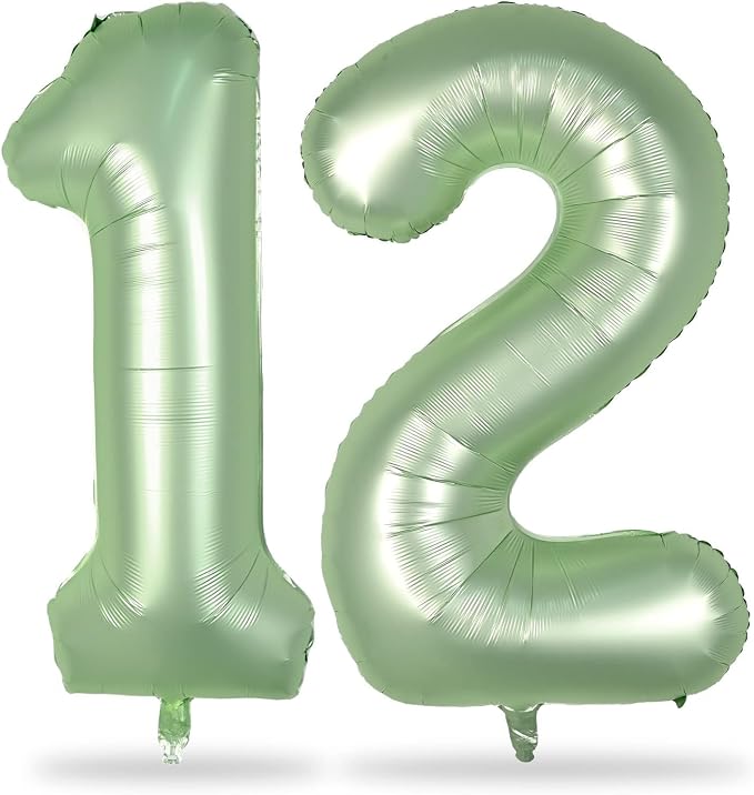 Sage Green Balloon Numbers 12, 40 Inch Big Foil Mylar Number 1 & 2 Helium by Lingqiang