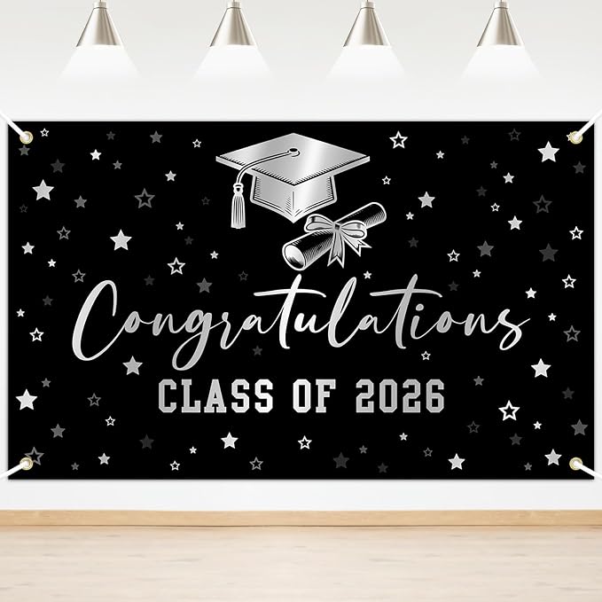 Congratulations Graduation Banner Class of 2026 Backdrop Black Silver Congrats by Lecheme