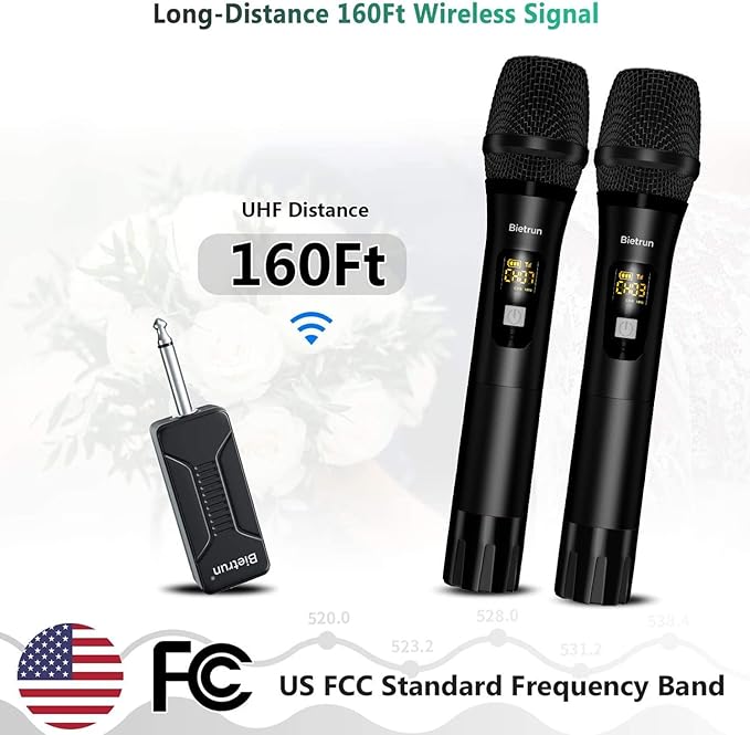 Wireless Microphone, Bietrun UHF Metal Dual Handheld Cordless Dynamic Mic System with Rechargeable Receiver, 1/4‘’Output, for Karaoke, Church, Speech, Wedding, Party Singing(160 ft Range)-Auto Connect