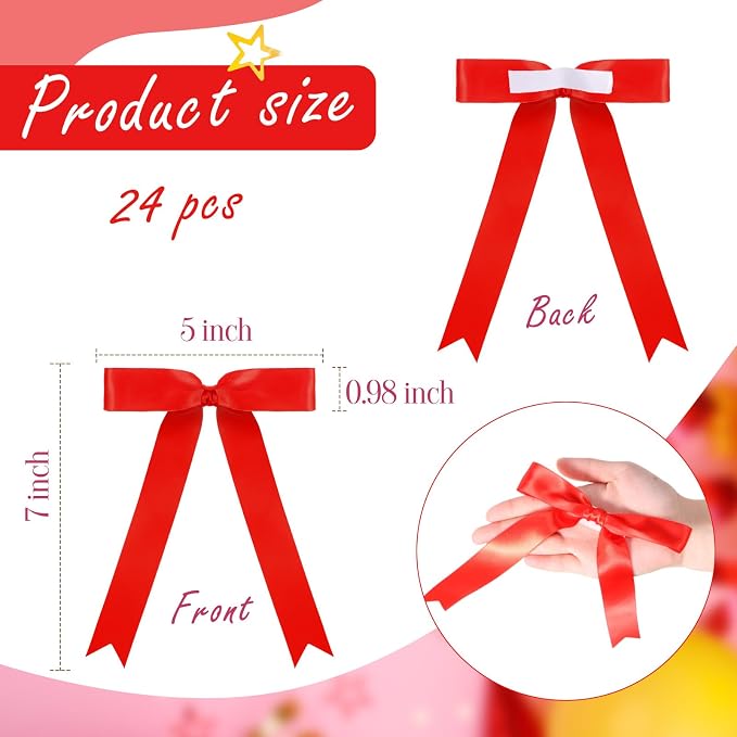 Riceshoot Red 24 Pcs Satin Ribbon Bows 5x7'' Self Adhesive Stick on Premade - Image 2