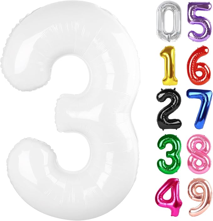 White Number 3 Balloon 40 Inch, 3rd Birthday Party Decorations Men Women | Foil by IWERP