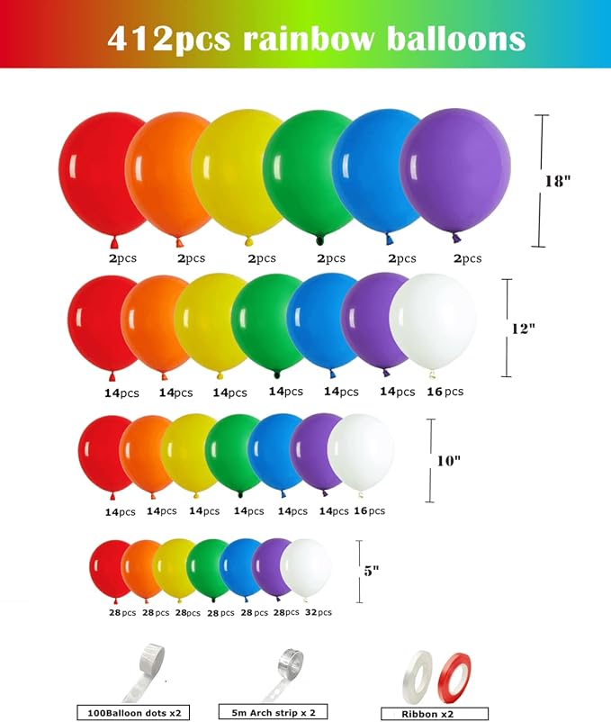 412pcs Rainbow Balloon Arch Kit Assorted Colors 18 12 10 5 Inch, Different - Image 2