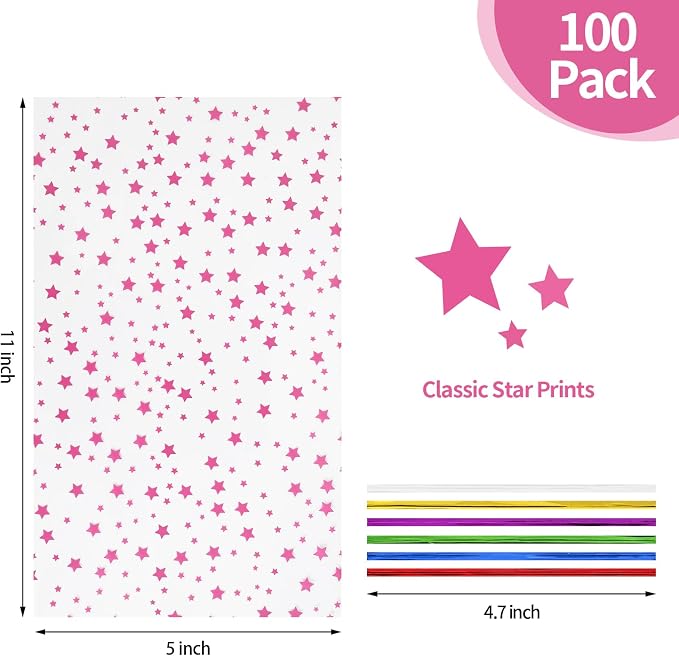 COQOFA 100 Pcs Pink Star 5"X11" Gift Wrap Cello Cellophane Treat Bags Clear - Image 2