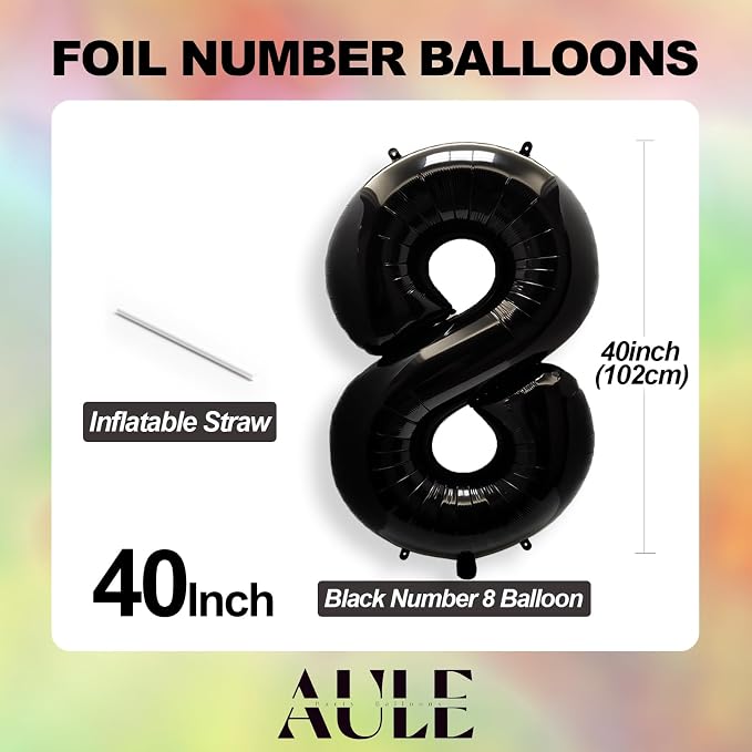 AULE 40 Inch Black Number Balloon 8 Foil 0-9 Birthday Big Numbers | Birthday - Image 5