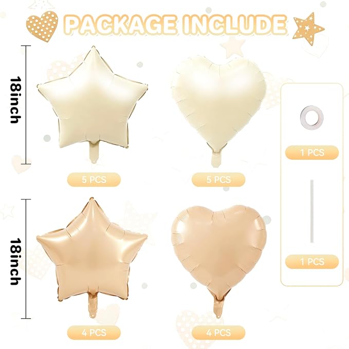 TONIFUL 18 Inch Cream Caramel Star and Heart Foil Balloons - Image 2