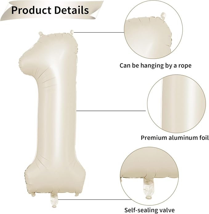 40 Inch Cream Number 1 Balloon, Digital 1 Cream White Giant 1 Foil Balloon - Image 3