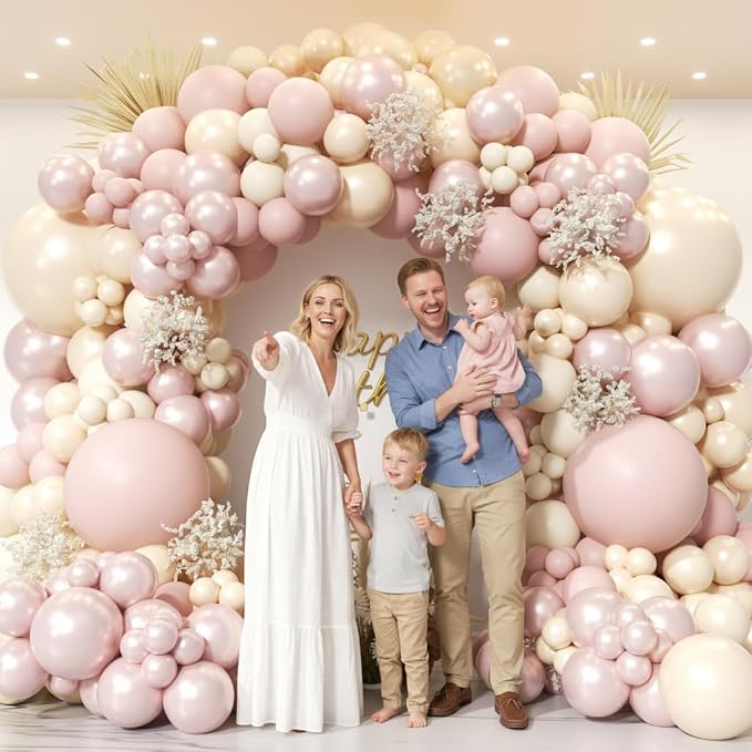 Boho Dusty Pink Balloon Arch Garland Kit 153pcs, Double Stuffed White Pearl - Image 6
