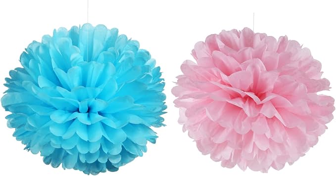 14" Pink and Blue Tissue Pom Poms Kit DIY Decorative Paper Flowers - Image 4