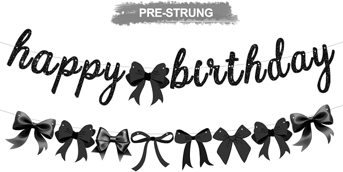 2pcs Glitter Black Bow Party Banner Pre-Strung Happy Birthday Decorations Bow by RICHHHA
